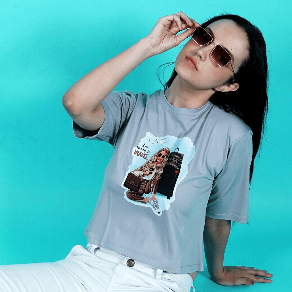 Woman in logoed shirt